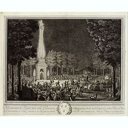 Réjouissances du Peuple près de la Pyramide d'Illumination, élévée sur l'Esplanade de la Porte de Mars et Distribution de Vivres, fontaines de Vin , sous les Ordres de Mrs. Du Conseil de la Ville, à Reims le 27 Aoust 1765.