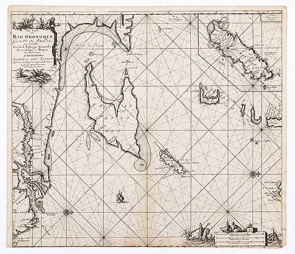 Pas kaart Van Rio Oronoque Golfo de Paria met d'Eylanden Trinidad, Tabago, Granada, Granadillos, en Bequia ...