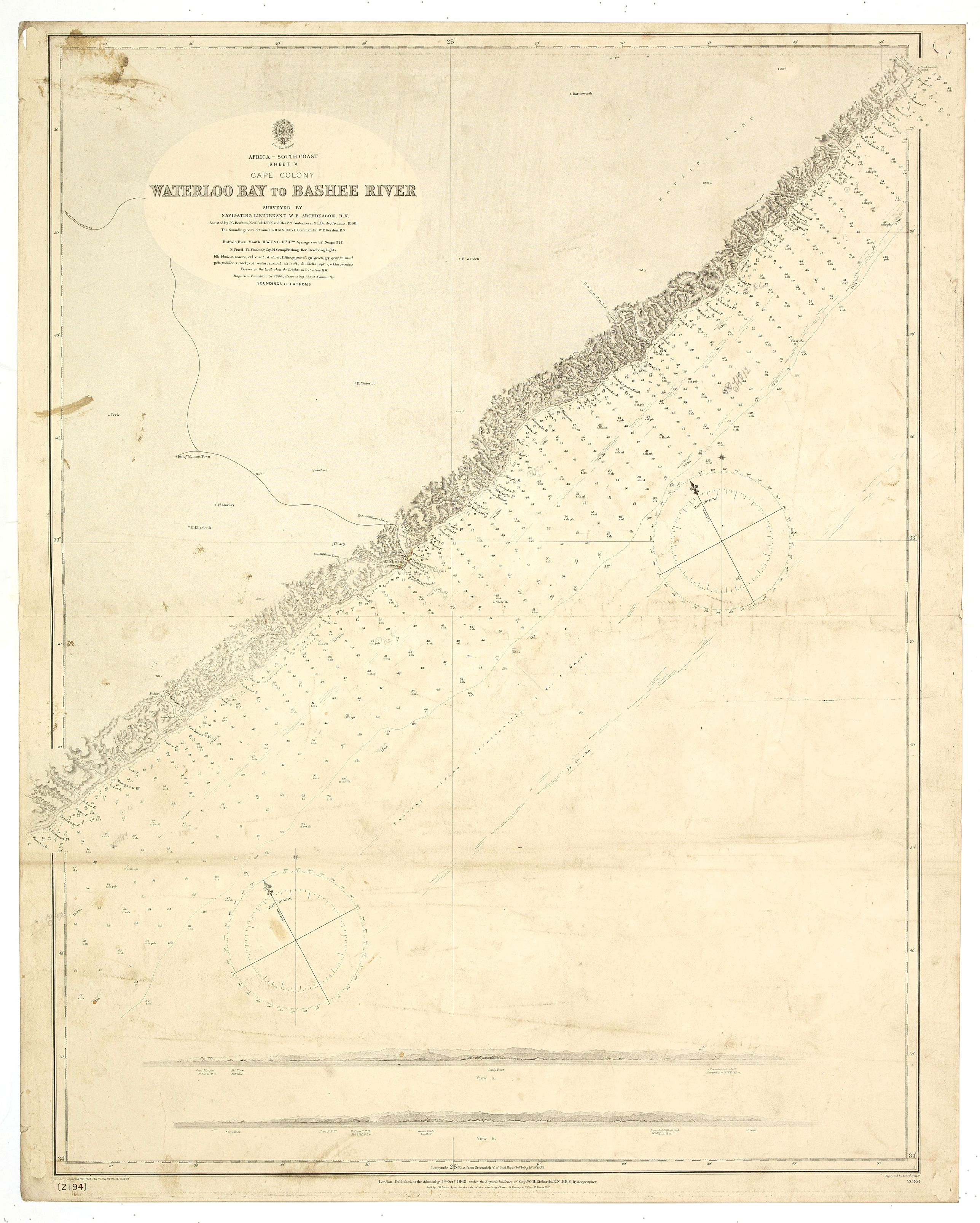 	Africa south coast sheet V Cape Colony Waterloo Bay to Bashee River surveyed by Navigating Lieutenant WE Archdeacon RN assisted by ... Africa - SW coast Table Bay surveyed by Mr F Skead Master RN assisted by Mr Charles Watermeyer 1858-60
