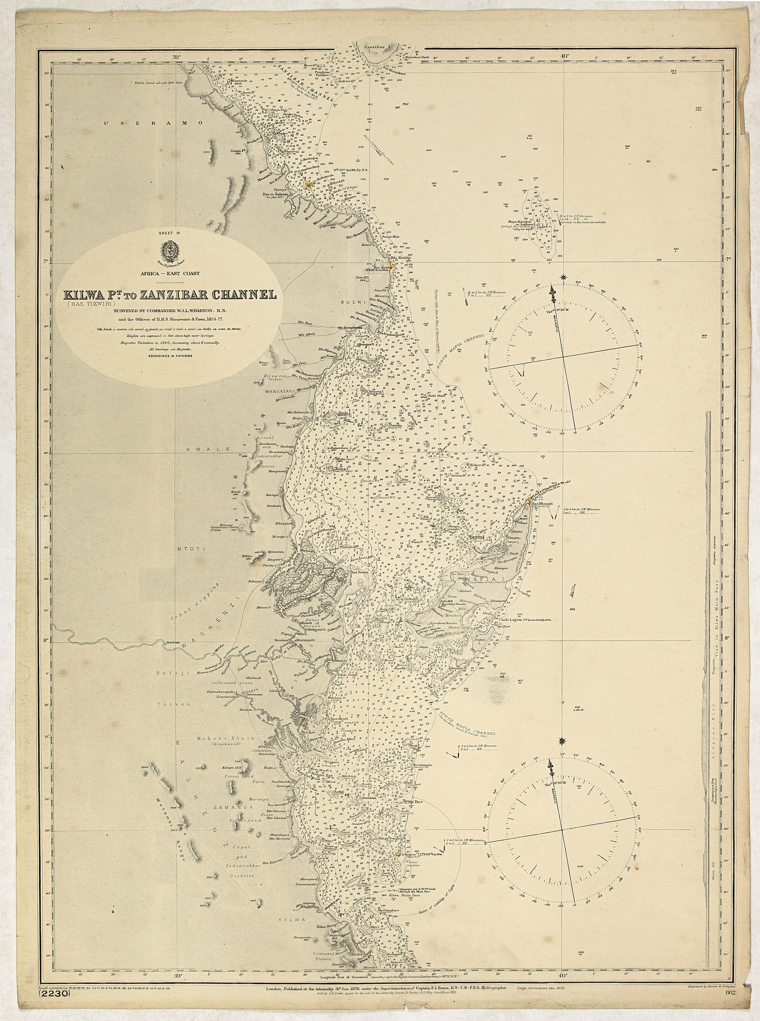	Sheet IX Africa east coast Kilwa P.t to Zanzibar Channel Surveyed by Commander W. J. L. Wharton , F. J. Gray, R. N.,  1874-77