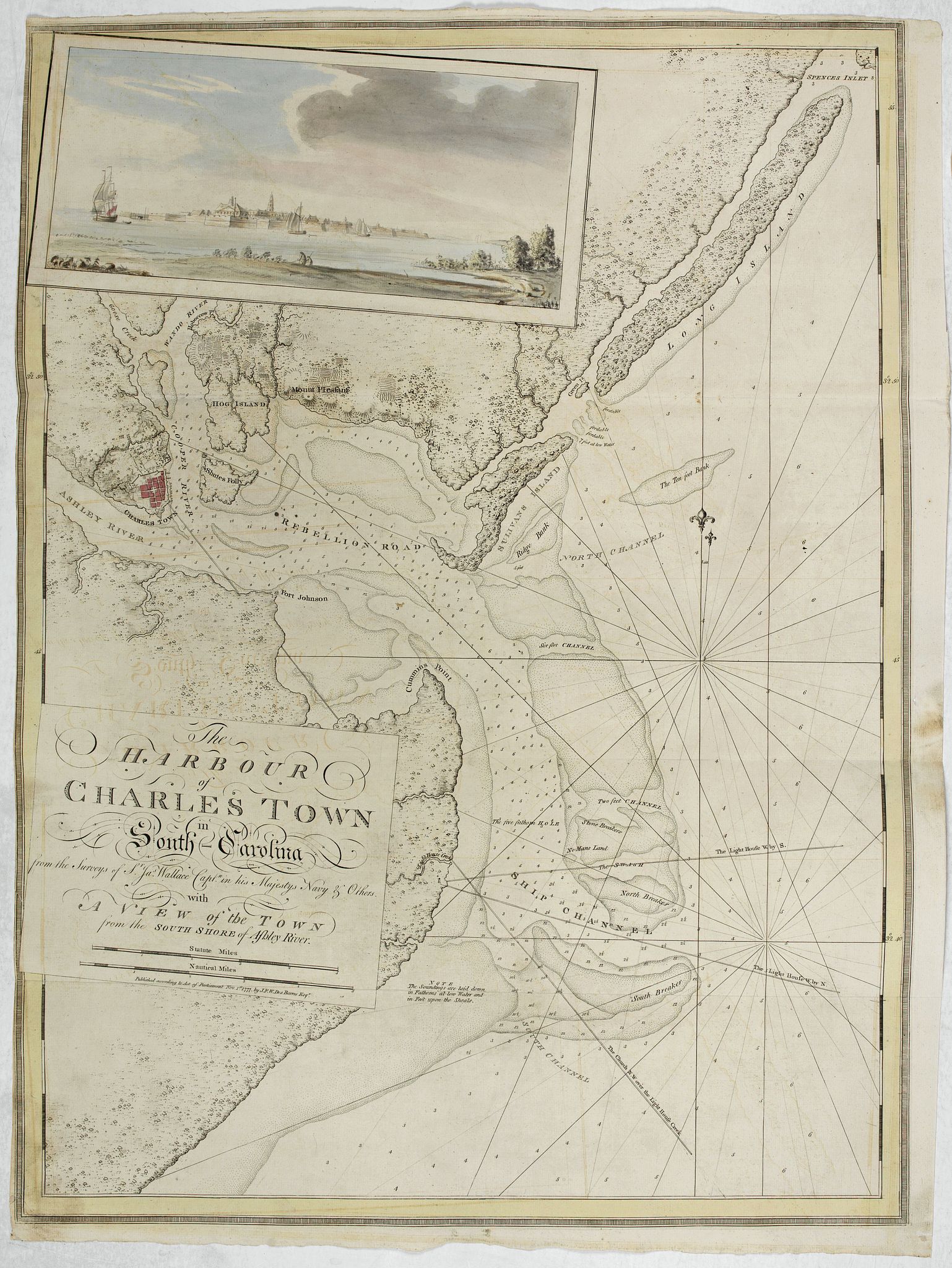 The Harbour of Charles Town in South-Carolina from the Surveys of Sr. Jas. Wallace Captn in His Majestys Navy & Others with a View of the Town from the South Shore of Ashley River. Published ... Nov. 1st 1777 by J.F.W. Des Barres Esqr.