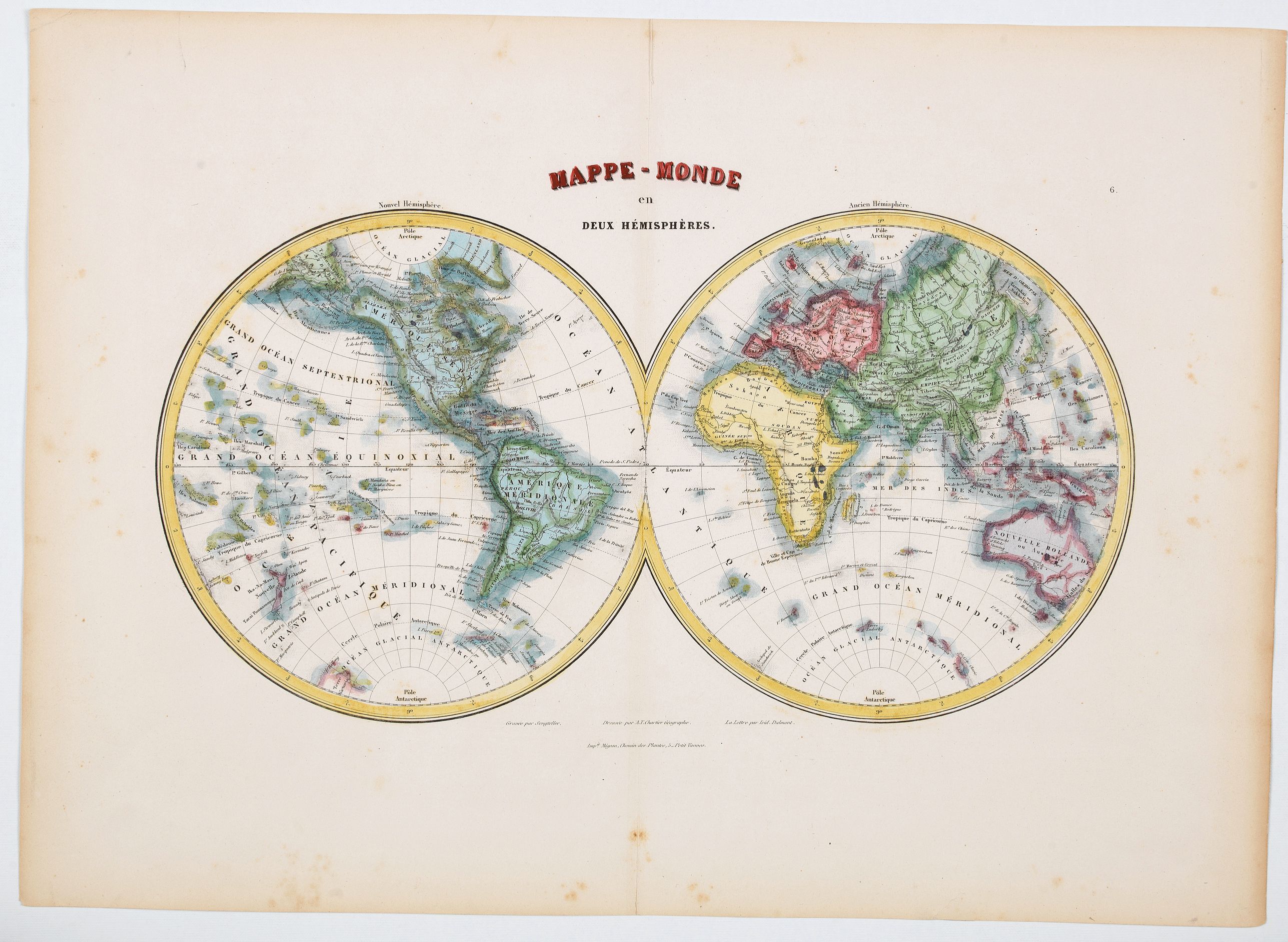 Mappemonde Mappe Monde En Deux Hemispheres Old Map By Migeon J 