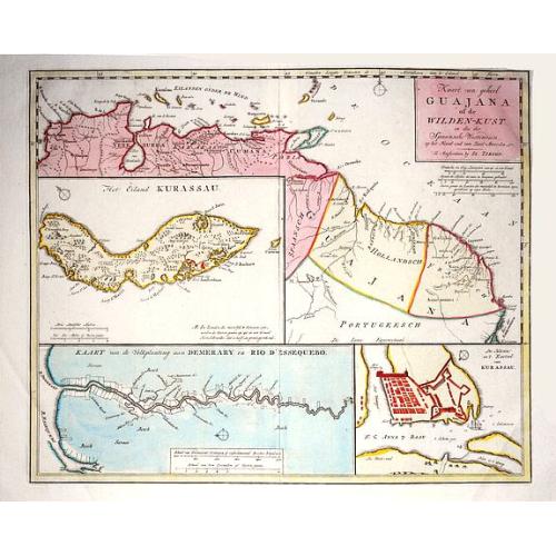 Old map image download for Kaart van geheel Guajana of de Wilden -Kust / Het Eiland Kurassau. / De Haven en 't Kasteel van Kurassau / Kaart van de Volksplanting aan Demerary en Rio d'Essequebo.