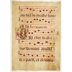 Leaf from a very large antiphoner, written in Latin on heavy vellum.