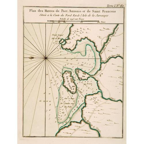 Old map image download for Plan des Havres de Port Antonio et de Saint François Situés a la Coste du Nord Est de la Jamaïque.