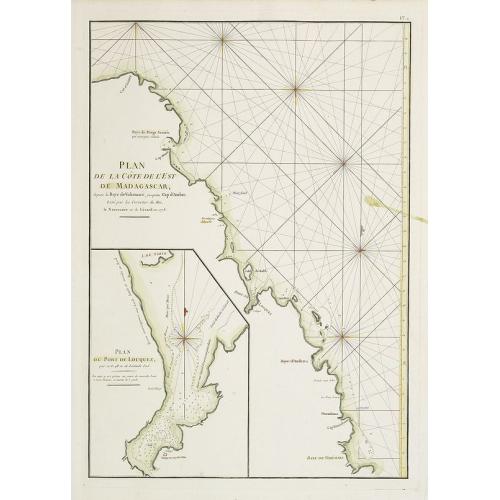 Old map image download for Plan de la Côte de l'Est de Madagascar, depuis la Baye de Vohemare jusqu'au Cap d'Ambre. Plan du Port de Louquez.