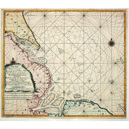 Old map image download for Nieuwe Wassende Gradige Pas-kaart van een gedeelte der oost-kust van Engeland, Strekkende van Eckles tot Flambrouger Hooft , in zig begrypende de Rievier van Hull.