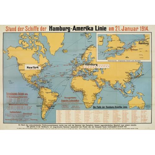 Old map image download for Stand der Schiffe der Hamburg - Amerika Linie am 21. Januar 1914.