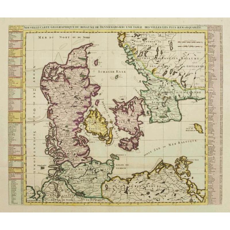 Nouvelle Carte Geographique du Royaume de Dannemarck avec une table des villes les plus remarquables.