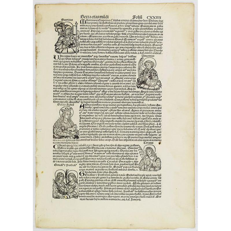 [Text page with Saints, Kings and Queens.] Terta Etas Mundi. Foliu. CXXIIII.