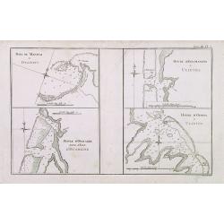 Baye de Matavai a Otahiti / Havre d'Owharre dans l'Isle d'Huaheine / Havre d'Ohamaneno a Ulietea / Havre d'Oopoa a Ulietea. Tome III Pl. 2.