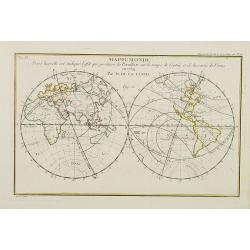 Mappemonde dans laquelle est indiqu\'e l\'effet que produira la parallaxe sur le temps de l\'entr\'ee et de la sortie de Venus en 1769 / par M. de la Lande.