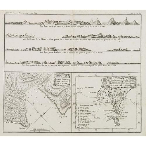 Old map image download for Plan de la Baye du Bon succès dans le détroit de le Maire. / Carte de la partie S. E. de la Terre de Feu. . . / 4 profils figurant la Terre de feu. Tome II Pl. 6.