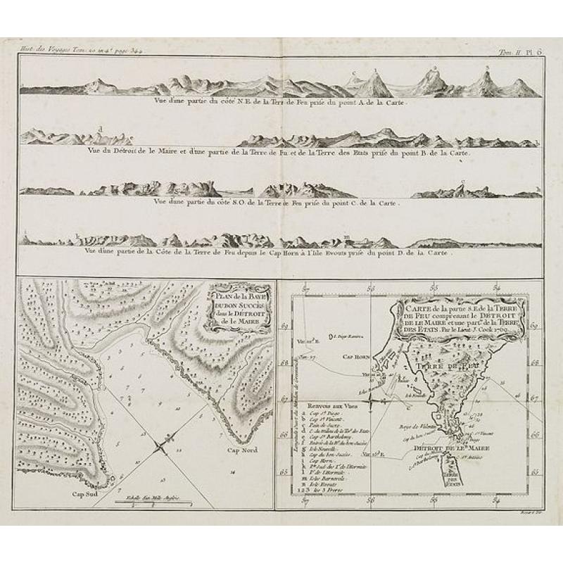 Plan de la Baye du Bon succès dans le détroit de le Maire. / Carte de la partie S. E. de la Terre de Feu. . . / 4 profils figurant la Terre de feu. Tome II Pl. 6.