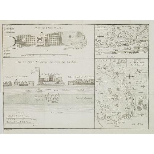 Old map image download for Carte du Sénégal / Plan de l\'Isle St. Louis / Vue du Fort St. Louis du côté de la mer. / Environs de l' Isle St. Louis.