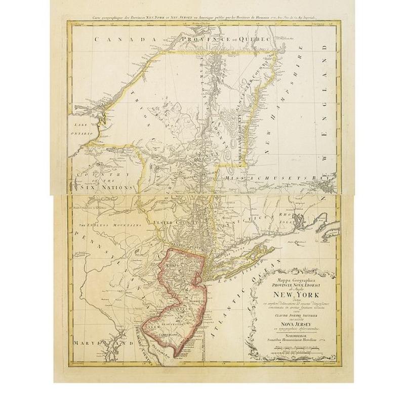 Mappa geographica Provinciæ Nova Eboraci ab Anglis New-York dictæ ex ampliori delineatione ad exactas dimensiones concinnata in arctius spatium redacta cura Claudii Josephi Sauthier cui accedit Nova Jersey ex topographicis observationibus.