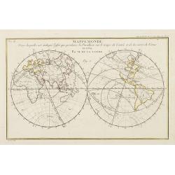 Mappemonde dans laquelle est indique l'effet que produira la parallaxe sur le temps de l'entr'ee et de la sortie de Venus en 1769 / par M. de la Lande.