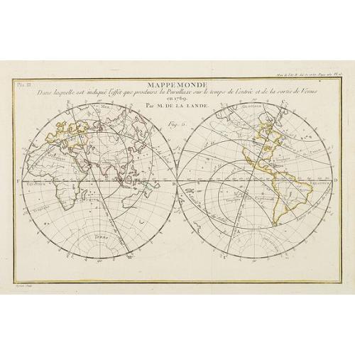 Old map image download for Mappemonde dans laquelle est indique l'effet que produira la parallaxe sur le temps de l'entr'ee et de la sortie de Venus en 1769 / par M. de la Lande.