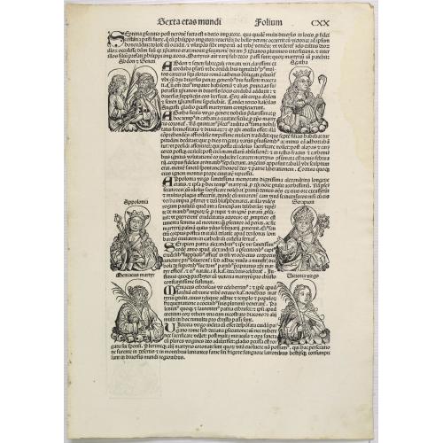 Old map image download for [Text page with Saint Appolonia, the patron saint of dentistry, Kings, Queens, Saints and Popes. Sexta Etas Mundi. Folium. CXX ].