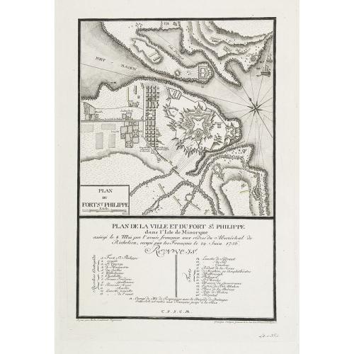 Old map image download for Plan de la ville et du fort St. Philippe dans l'Isle de Minorque assiégé le 8 mai par l'armée française aux ordres du Maréchal de Richelieu, occupé par les Français le 29 juin 1756.