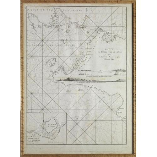 Old map image download for Carte du Détroit de la Sonde depuis la Pointe de winerou jusqu'à l'Isle du Nord.Plan de la Baye de l'Ile de Mew ou Cantaye?