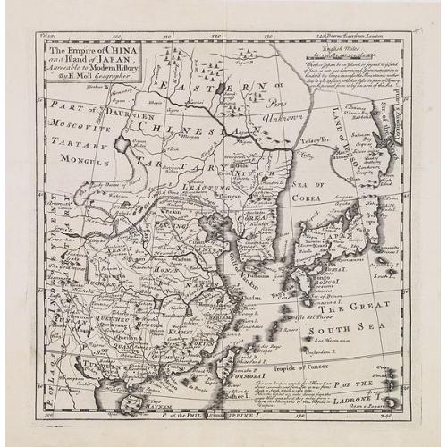 Old map image download for The Empire of China and Island of Japan, Agreeable to Modern History by H.Moll.