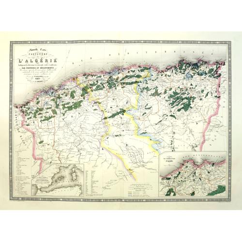 Old map image download for Nouvelle carte forestière de l'Algérie indiquant la division territoriale civile et militaire par provinces et départements.