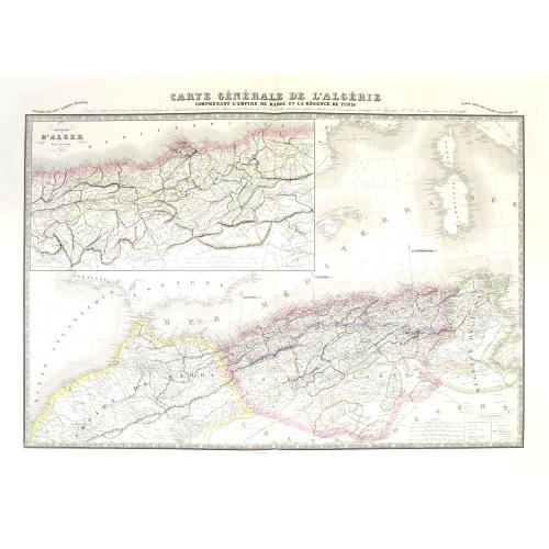 Old map image download for Carte générale de l'Algérie comprenant l'empire de Maroc et la régence de Tunis. Dresée d'après les derniers documents publiés par les Dépots de la Marine. . .