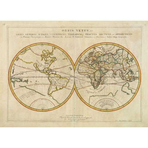 Old map image download for Orbis Vetus, et Orbis Veteris, utraque Continens, Terrarumq Tractus Arcticus, et Antarcticus ex Platone, Theopompo sive Aehano, Manilio. . . Auctore N.Sanson. . .