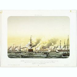 MER BALTIQUE Juillet 1855 Les Vasseaux le Blenheim et l'Exmouth aux ordres du C.A. Seymour protegent de leur feux une division de cannonieres qui sous la volées des Forts Russes vont amarriner des prises q l'entree du port de Narva.