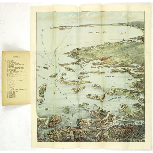 Old map image download for Bird's eye view of Boston Harbor and South Shore to Provincetown showing steamboat routes. Price 10 cents.