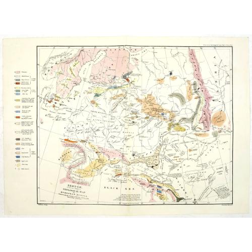 Old map image download for Sketch, to serve as a Basis for a Geological Map of European Russia, colored to show the connections of its Strata with those of the Surrounding Countries.