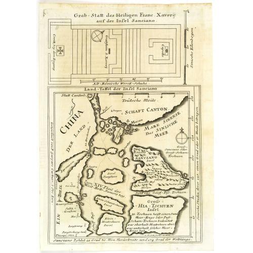 Old map image download for Land-Taffel der Insel Sanciano. Grab-Statt des Heiligen Franc. Xaverii auf der Insel Sanciano