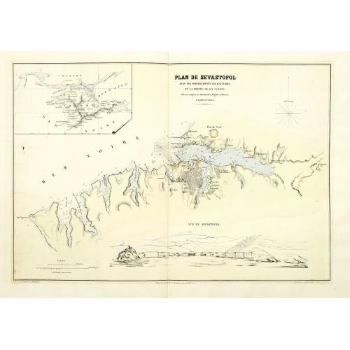 Old map image download for Plan de Sevastopol avec ses fortifications ses batteries et la portée de ses canons.