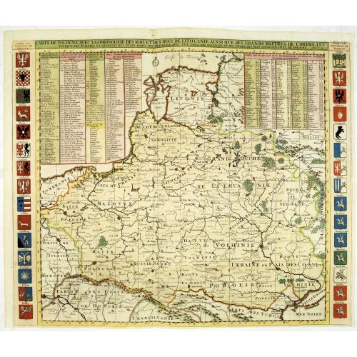 Old map image download for Carte De Pologne Avec La Chronologie Des Rois Et Des Ducs De Lithuanie, Ainsi Que Des Grands Maitres De L'Ordre Teutonique Les Evechez et Archeveches, et Les Armes Des Provinces . . .