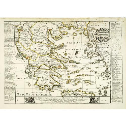 Old map image download for La Grece, ou partie Meridionale de l'Empire des Turcs en Europe, avec le Table Alphabetique des lieux de l'ancienne Grece célèbres en l'Histoire, les noms qu'ils ont aujourd'hui et le chiffre qui les fait trouver . . .