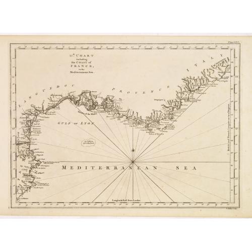 Old map image download for 13th Chart including the coast of France, in the mediterranean sea.