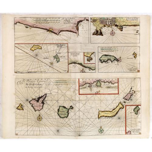 Old map image download for De Kust van Barbarien. . . / De Reede voor de Stadt Angra. . . / De Eylanden van Madera. . . / De Vlaamsche Eylanden By Jacob Colom. . . /