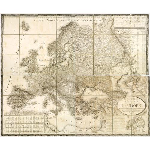 Old map image download for Carte générale Orographique et Hydrographique de l'Europe, qui montre les principales ramifications des montagnes, fleuves, et chemins. . .