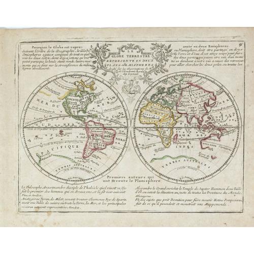 Old map image download for Le Globe Terrestre Representé en Deux Plans-Hemispheres..