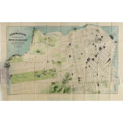 Old map image download for The commercial, pictorial and tourist map of San Francisco, in colors and illustrated with litho-engraved pictures of all public buildings, parks, monuments, and recommended business houses, etc. . . .