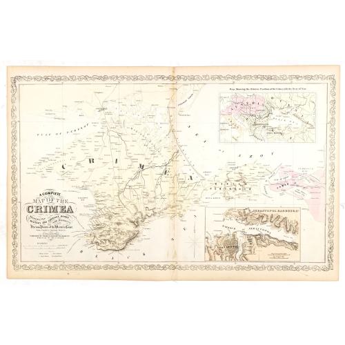 Old map image download for A Complete Map of the Crimea Showing the Military and Carriage Roads with Distances from Various Points of the Western Coast From English & Russian Surveys. . .