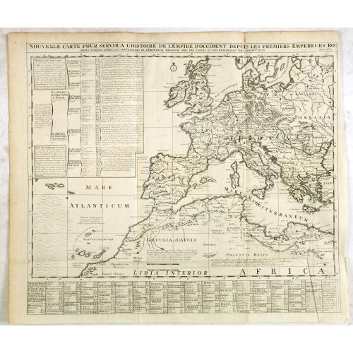 Old map image download for Nouvelle carte pour servir a l'Histoire de l'Empire d'Occident depuis les premiers Empereurs Romains jusques apres les successeurs de l'Empereur Theodose avec des tables et des remarques trés instructives.