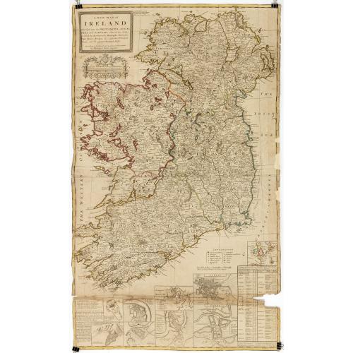 Old map image download for A new map of Ireland divided into its provinces, counties and baronies, wherein are distinguished the bishopricks, borroughs, barracks, bogs, passes, bridges &c. with the principal roads, and the common reputed miles