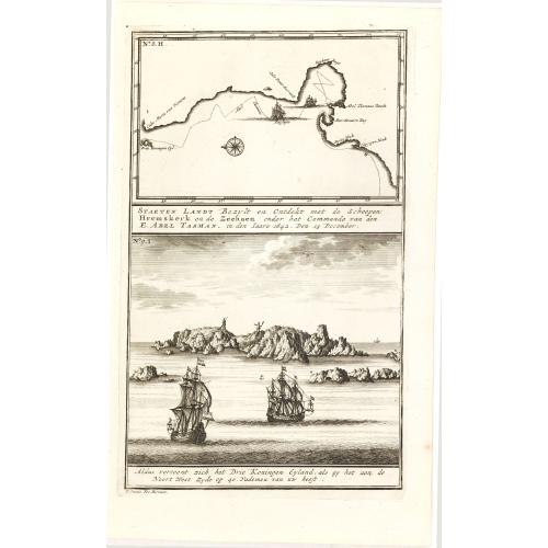 Old map image download for Staeten Landt Bezylt en Ontdekt met de Scheepen Heemskerk en de Zeehaen onder het Commande van den E. Abel Tasman. In den Iaare 1642. Den 13 December.