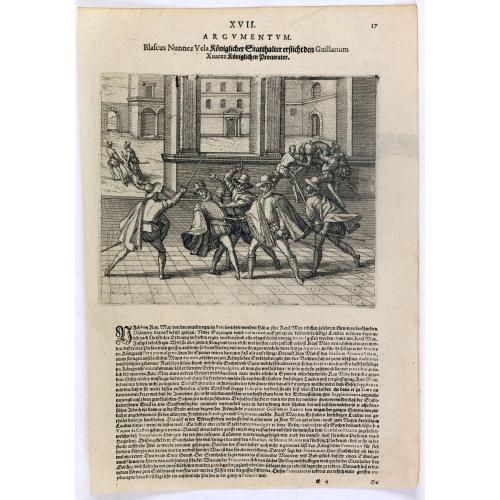 Old map image download for Blascus Nunnez Vela Königlicher Statthalter ersticht den Guillanum Xuarez Königlichen Proc. . .