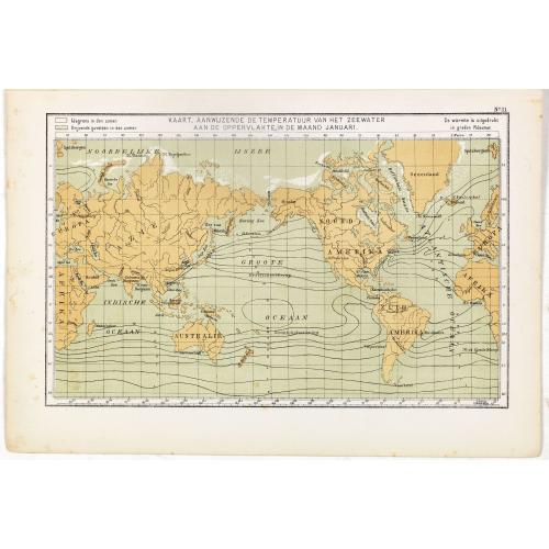 Old map image download for Kaart, Aanwujzende de temperatuur van het zeewater aan de oppervlakte, in de maand Januari.
