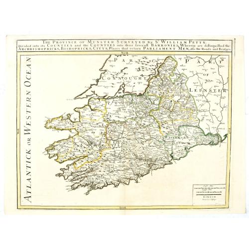 Old map image download for The Province of Munster Surveyed By Sr. William Petty : Divided into its Counties and the Counties into their serevall Barronies, Wherein are distinghished the . . .