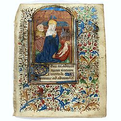 Leaf on vellum from a manuscript Book of Hours with miniature of Christ with Maria and Joseph.