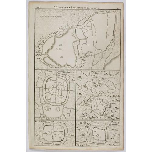 Old map image download for Villes de la province de Tche-kiang. (Hang-tcheou-fou, Ping hou hien, Hou-tcheou-fou, Hia-hing-fou and Ku-tcheou-fou.)